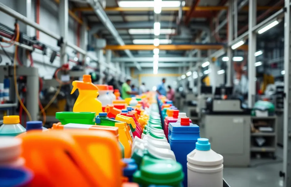 Linha de produção de utilidades plásticas coloridas na fábrica Poly Play